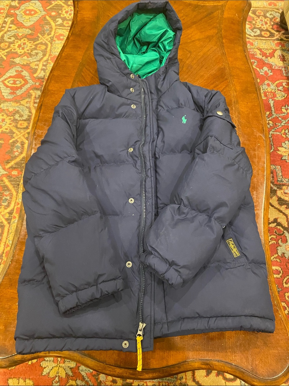 Ralph Lauren Navy Puffer Jacket with Green Hood Lining